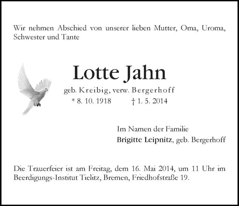 Traueranzeige von Lotte Jahn von WESER-KURIER