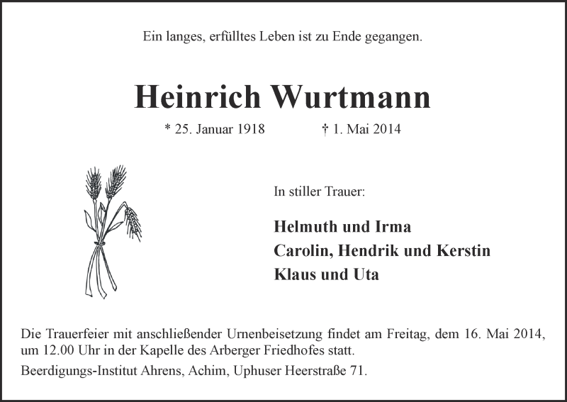Traueranzeige von Heinrich Wurtmann von WESER-KURIER