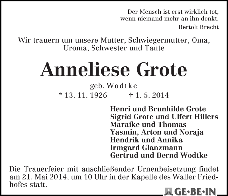 Traueranzeige von Anneliese Grote von WESER-KURIER