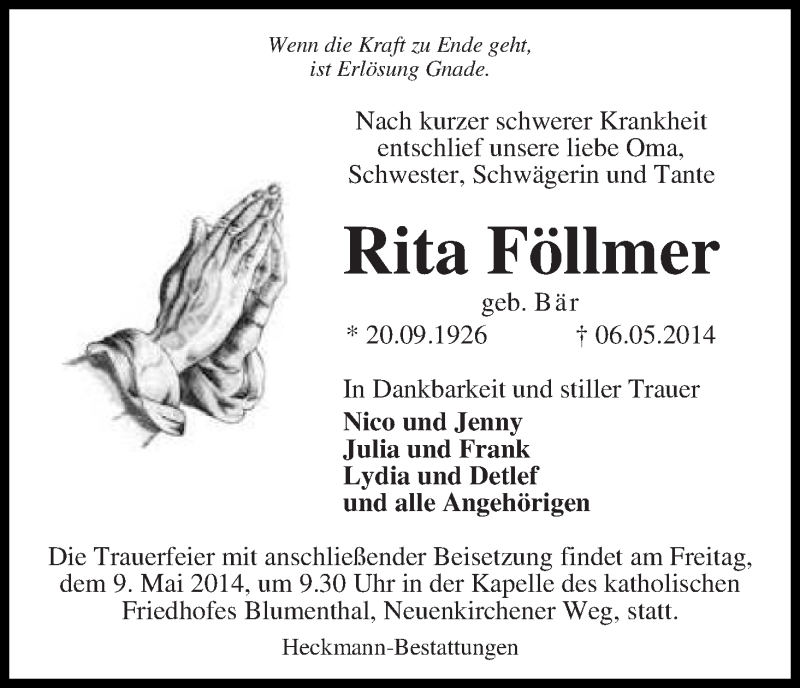 Traueranzeige von Rita Föllmer von Die Norddeutsche