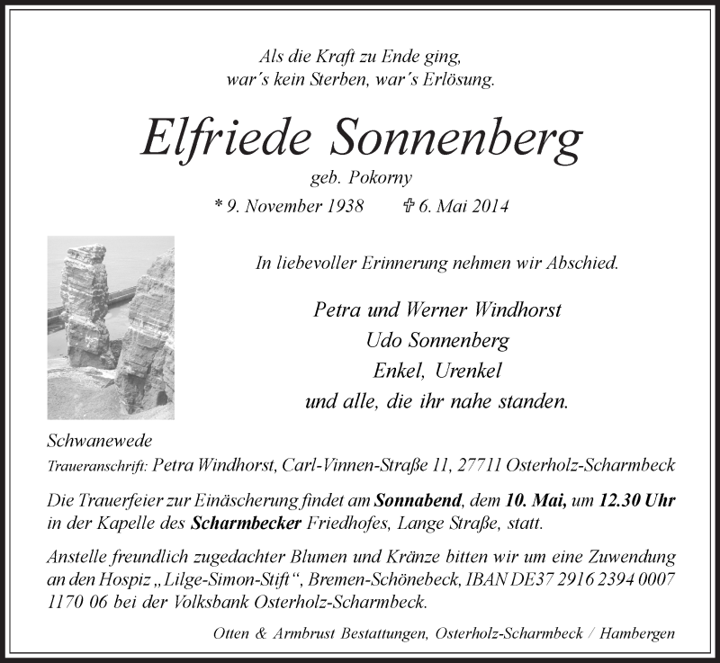 Traueranzeige von Elfriede Sonnenberg von Die Norddeutsche