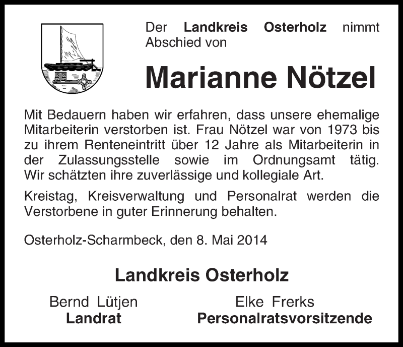 Traueranzeige von Marianne Nötzel von Osterholzer Kreisblatt