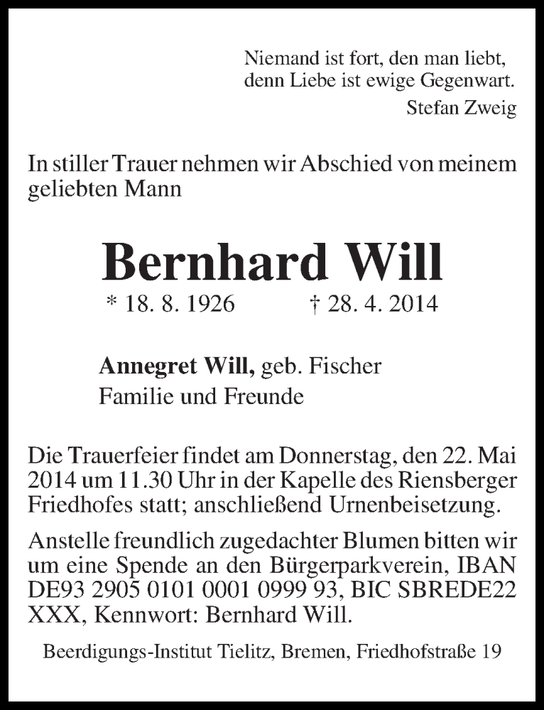 Traueranzeige von Bernhard Will von WESER-KURIER
