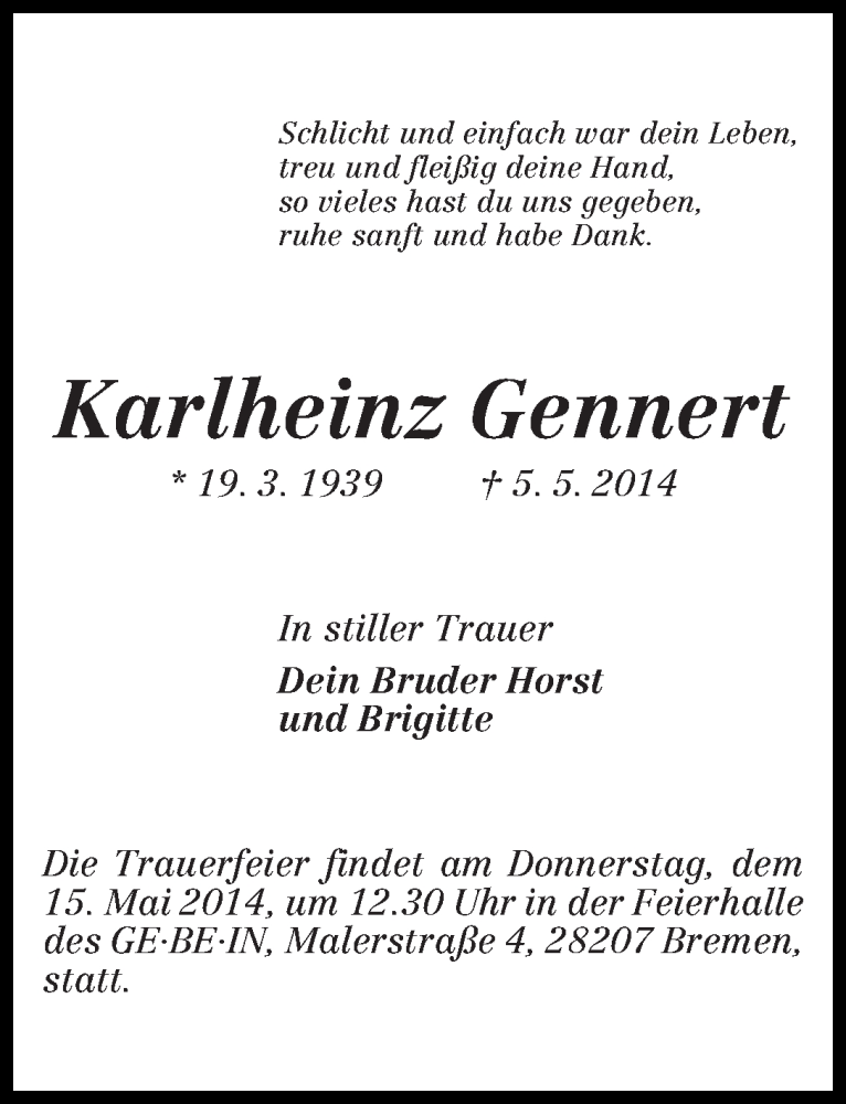 Traueranzeige von Karlheinz Gennert von WESER-KURIER