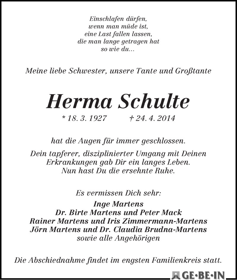 Traueranzeige von Herma Schulte von WESER-KURIER