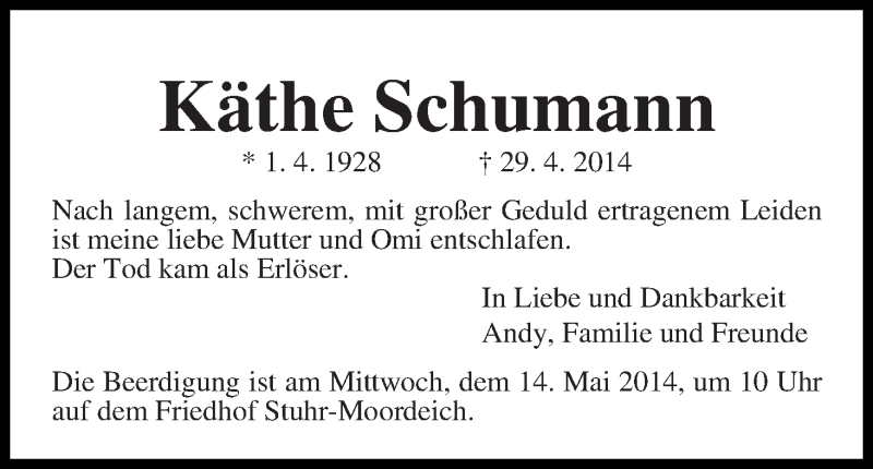 Traueranzeige von Käthe Schumann von WESER-KURIER