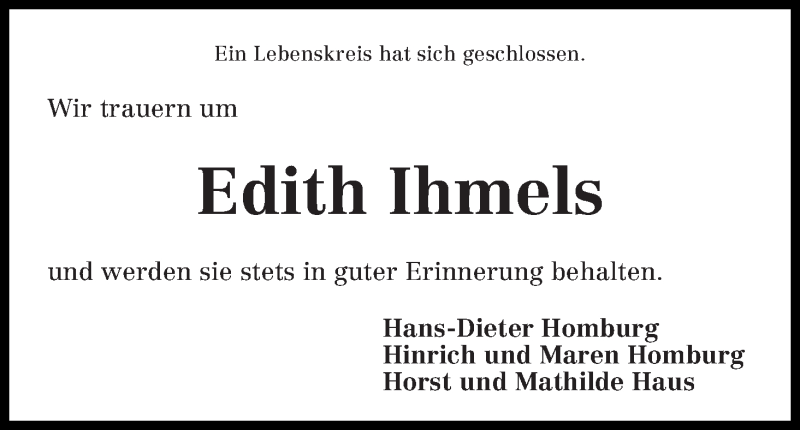 Traueranzeige von Edith Ihmels von Die Norddeutsche
