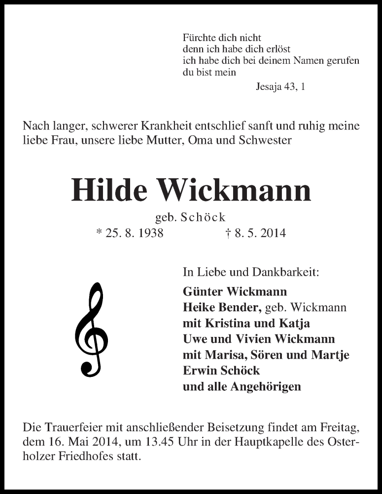 Traueranzeige von Hilde Wickmann von WESER-KURIER