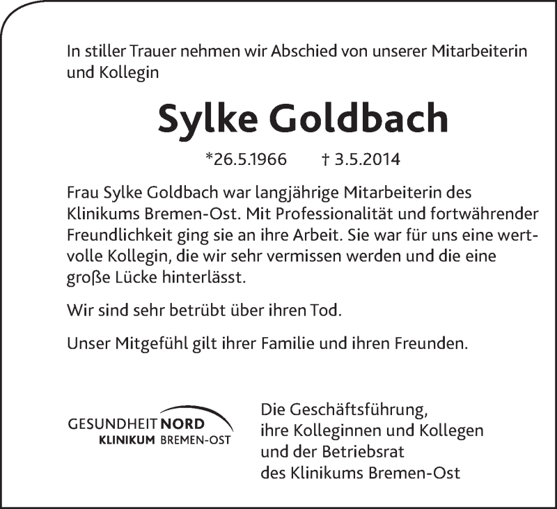  Traueranzeige für Sylke Goldbach vom 10.05.2014 aus WESER-KURIER