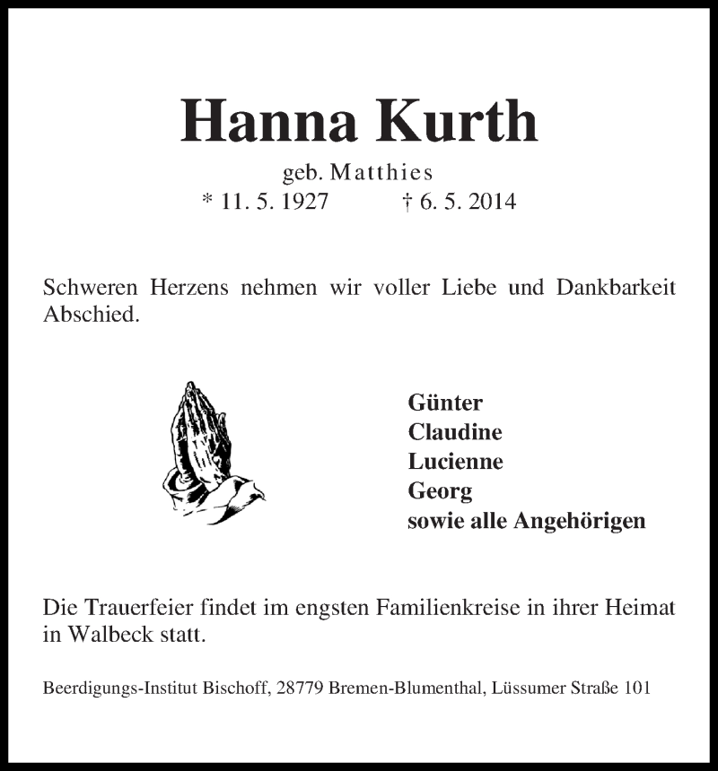 Traueranzeige von Hanna Kurth von Die Norddeutsche