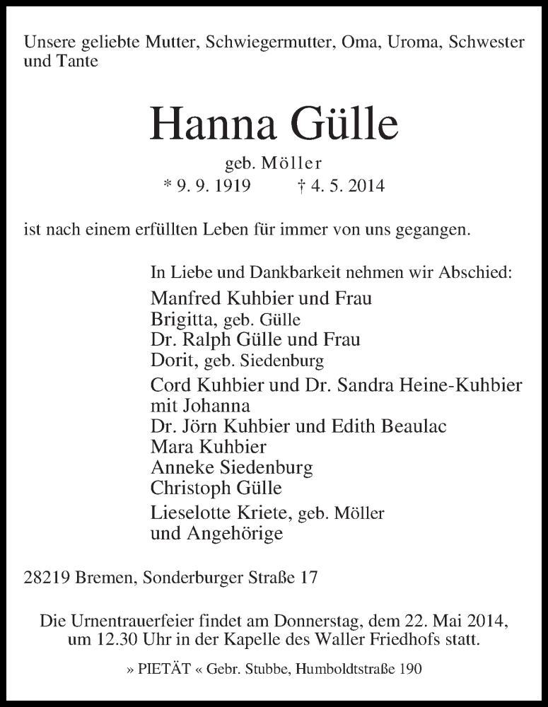 Traueranzeige von Hanna Gülle von WESER-KURIER