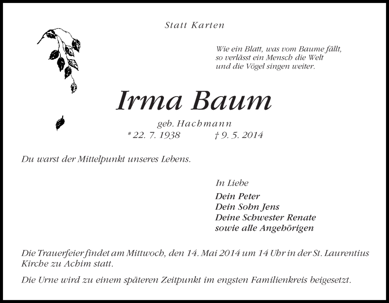 Traueranzeige von Irma Baum von Achimer Kurier/Verdener Nachrichten