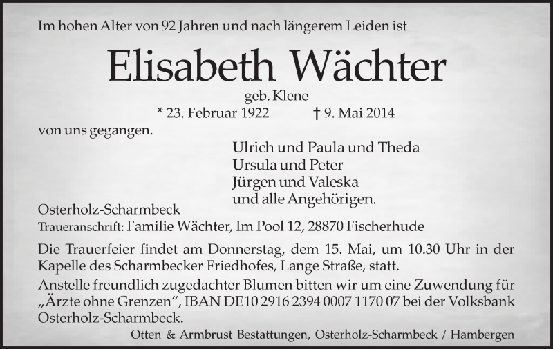 Traueranzeige von Elisabeth Wächter von Osterholzer Kreisblatt