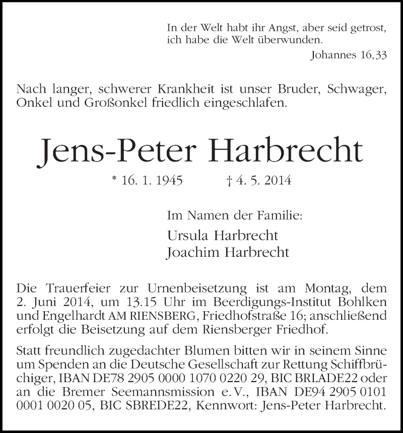 Traueranzeige von Jens-Peter Harbrecht von WESER-KURIER