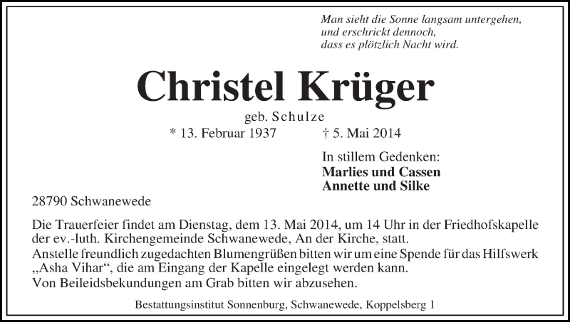 Traueranzeige von Christel Krüger von Die Norddeutsche