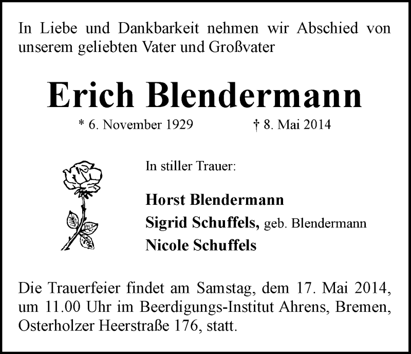 Traueranzeige von Erich Blendermann von WESER-KURIER