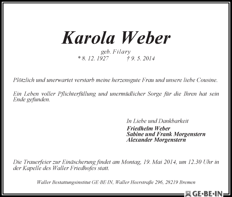 Traueranzeige von Karola Weber von WESER-KURIER