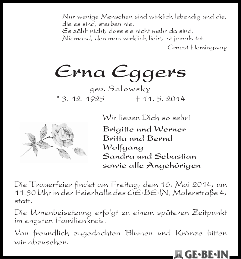 Traueranzeige von Erna Eggers von WESER-KURIER