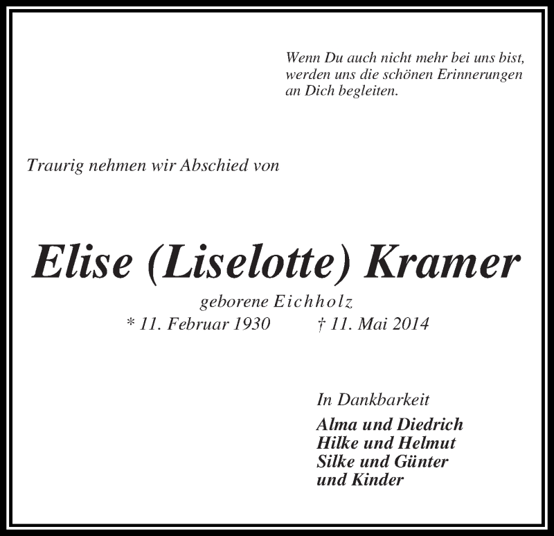 Traueranzeige von Elise (Lieselotte) Kramer von Wuemme Zeitung
