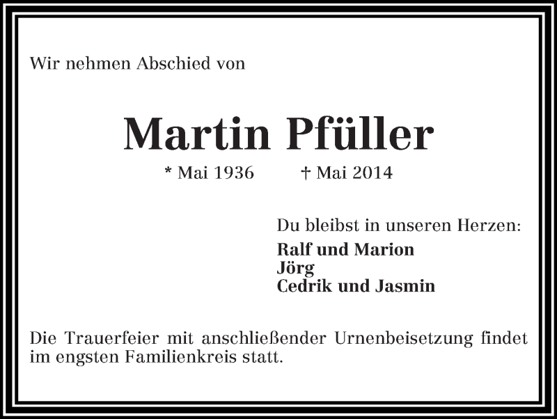 Traueranzeige von Martin Pfüller von WESER-KURIER