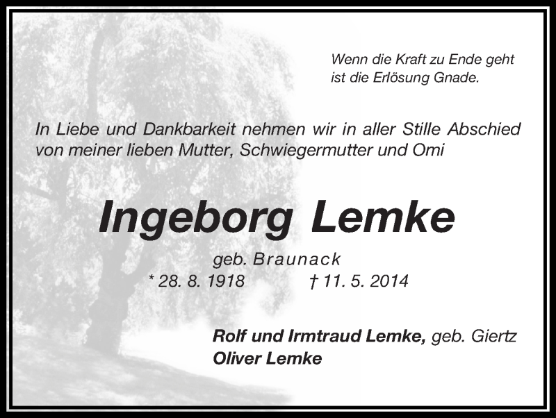 Traueranzeige von Ingeborg Lemke von WESER-KURIER