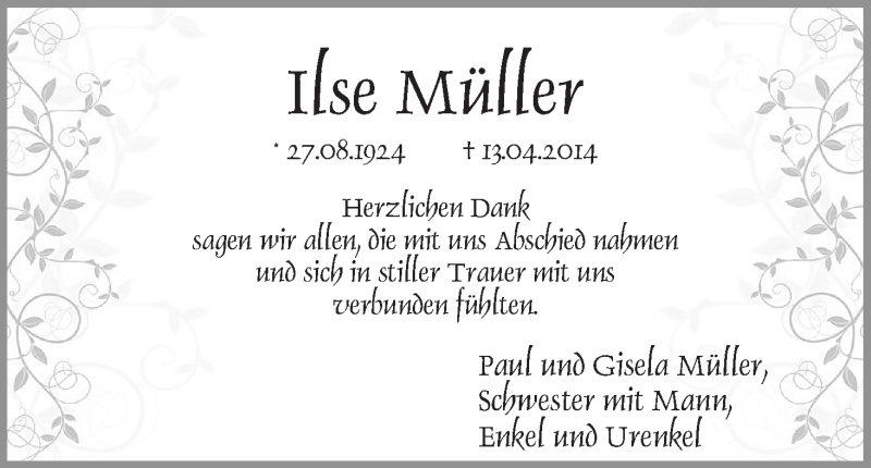 Traueranzeige von Ilse Müller von WESER-KURIER