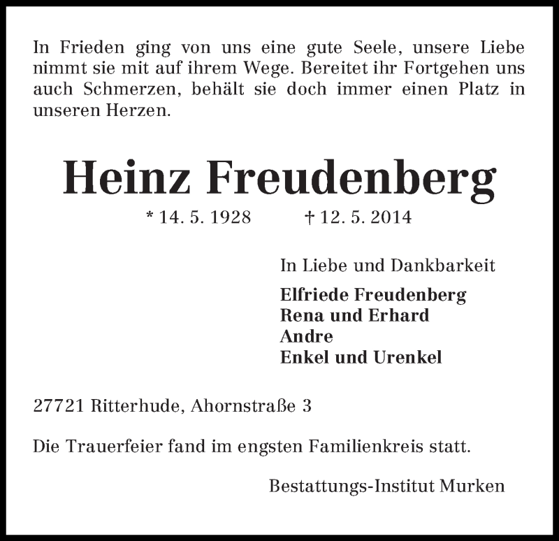 Traueranzeige von Heinz Freudenberg von Osterholzer Kreisblatt