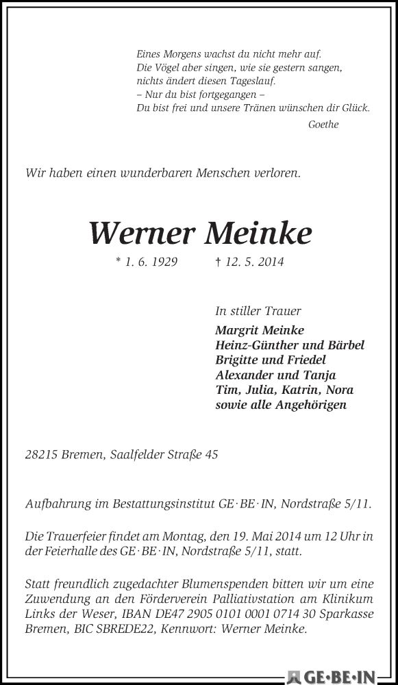  Traueranzeige für Werner Meinke vom 15.05.2014 aus WESER-KURIER