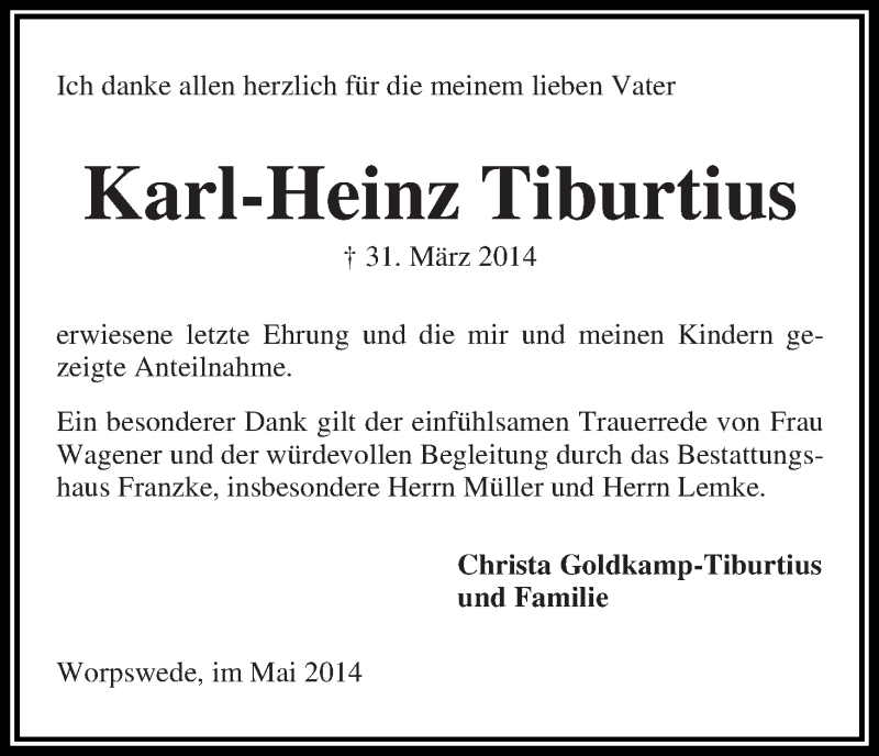 Traueranzeige von Karl-Heinz Tiburtius von Wuemme Zeitung
