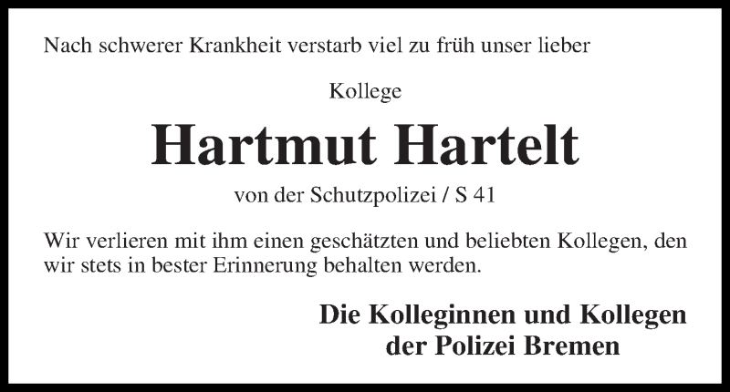 Traueranzeige von Hartmut Hartelt von WESER-KURIER
