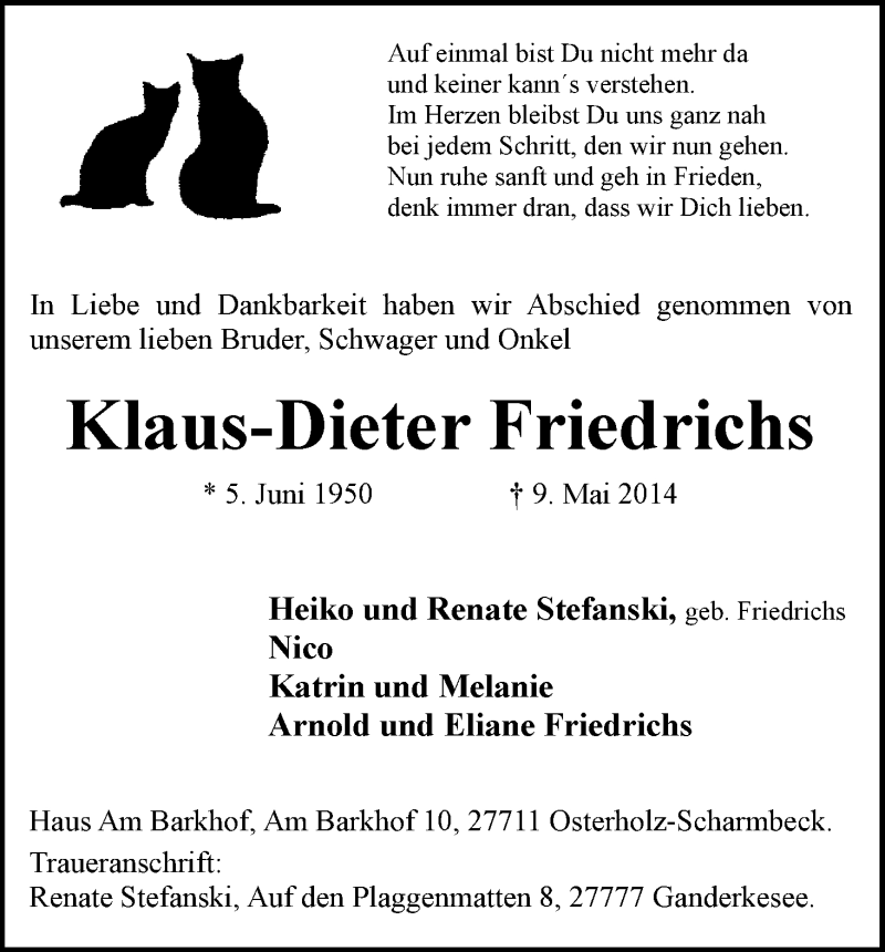  Traueranzeige für Klaus-Dieter Friedrichs vom 05.06.2014 aus WESER-KURIER