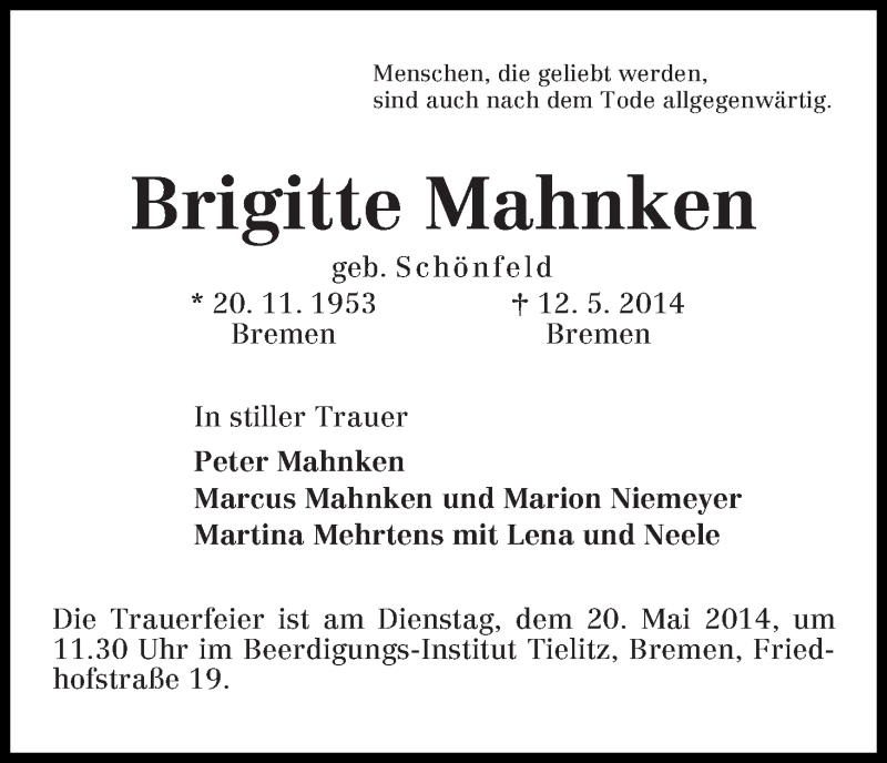 Traueranzeige von Brigitte Mahnken von WESER-KURIER