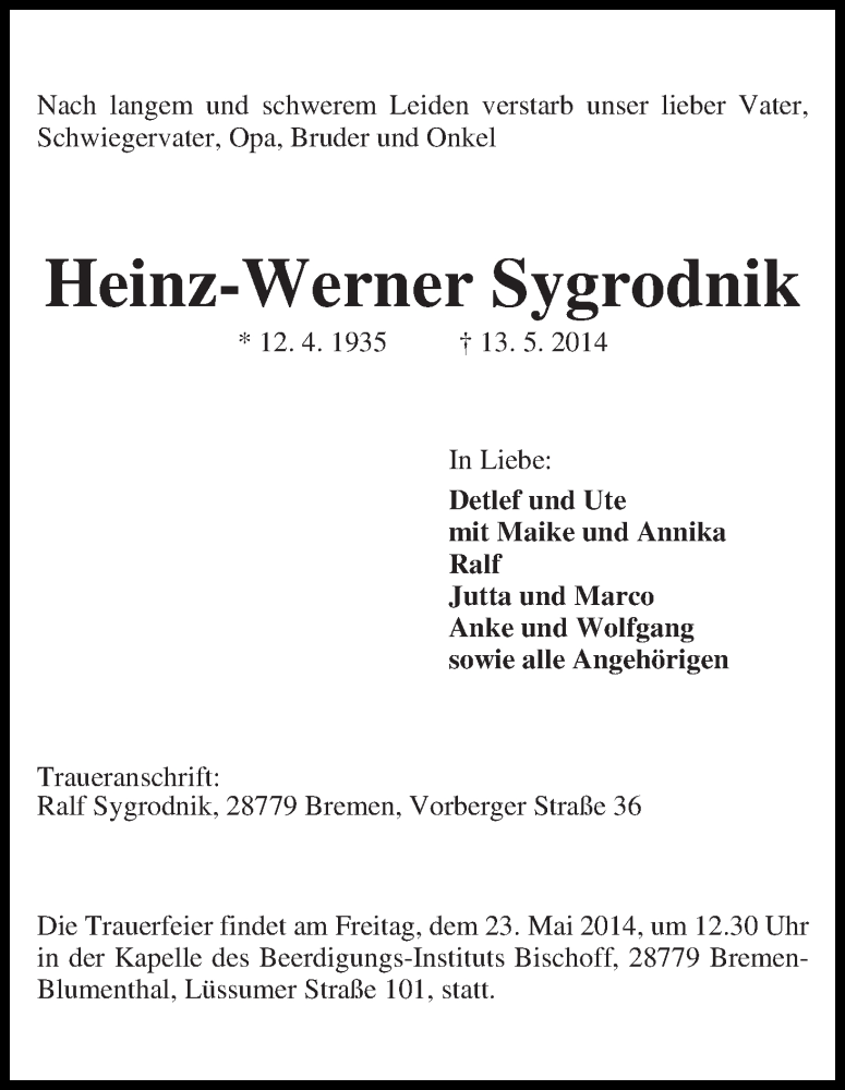 Traueranzeige von Heinz-Werner Sygrodnik von Die Norddeutsche