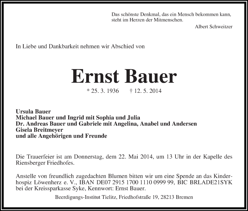  Traueranzeige für Ernst Bauer vom 17.05.2014 aus WESER-KURIER