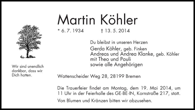 Traueranzeige von Martin Köhler von WESER-KURIER