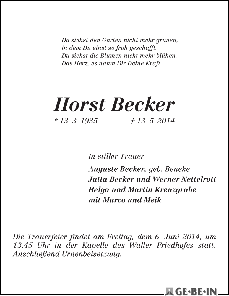 Traueranzeige von Horst Becker von WESER-KURIER