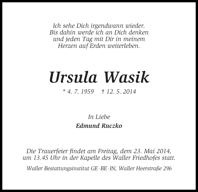 Traueranzeige von Ursula Wasik von WESER-KURIER