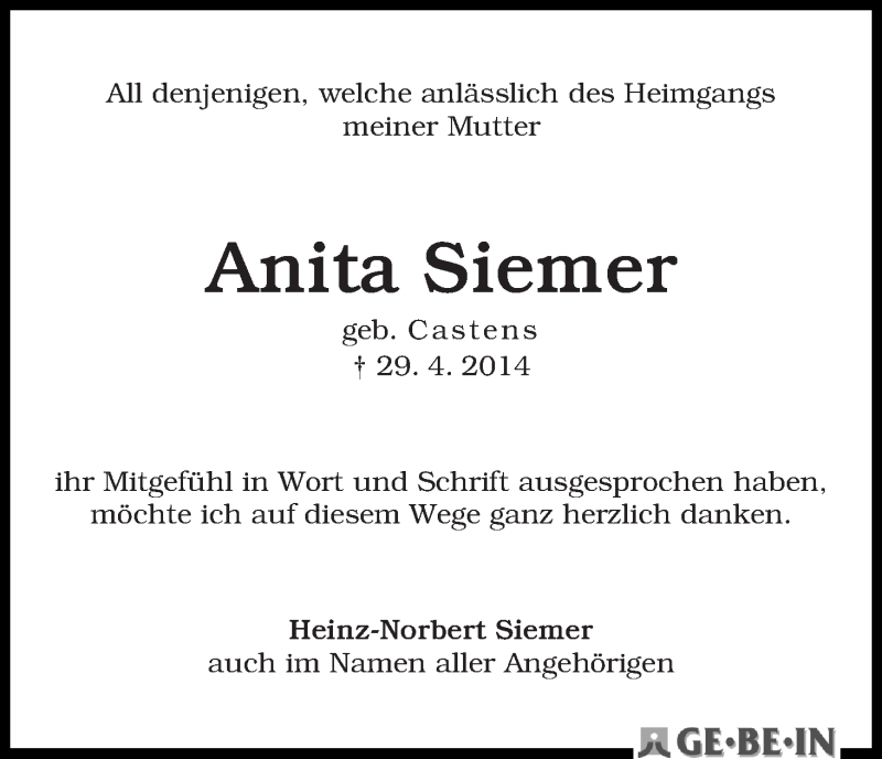 Traueranzeige von Anita Siemer von WESER-KURIER