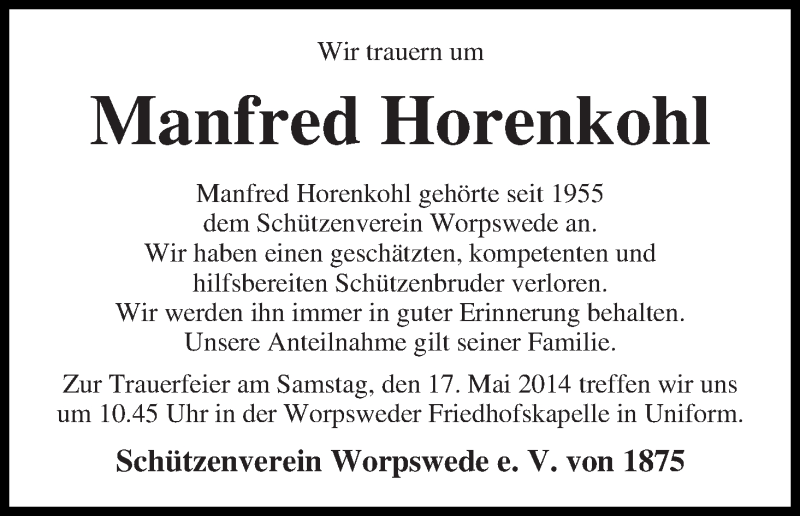 Traueranzeige von Manfred Horenkohl von Wuemme Zeitung