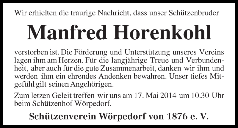 Traueranzeige von Manfred Horenkohl von Wuemme Zeitung