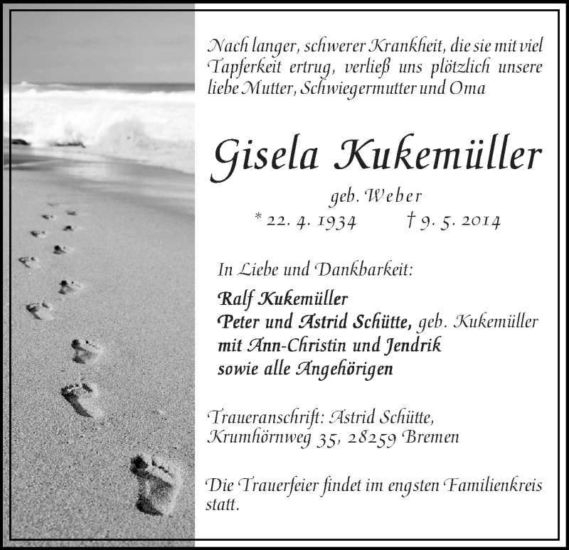 Traueranzeige von Gisela Kukemüller von WESER-KURIER