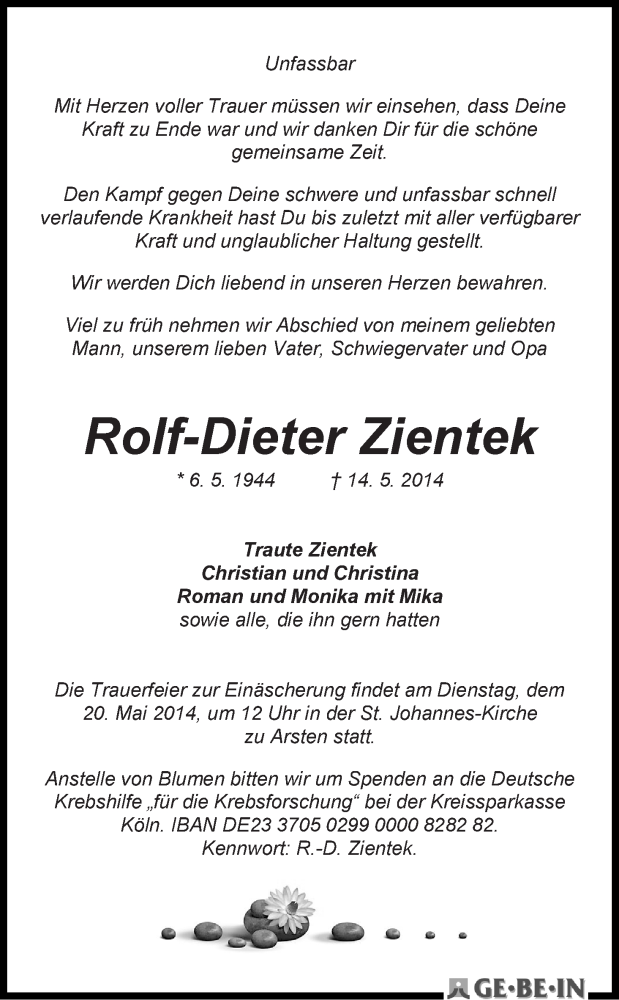 Traueranzeige von Rolf-Dieter Zientek von WESER-KURIER