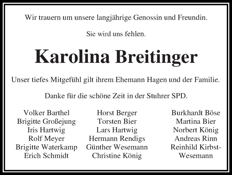Traueranzeige von Karolina Breitinger von WESER-KURIER