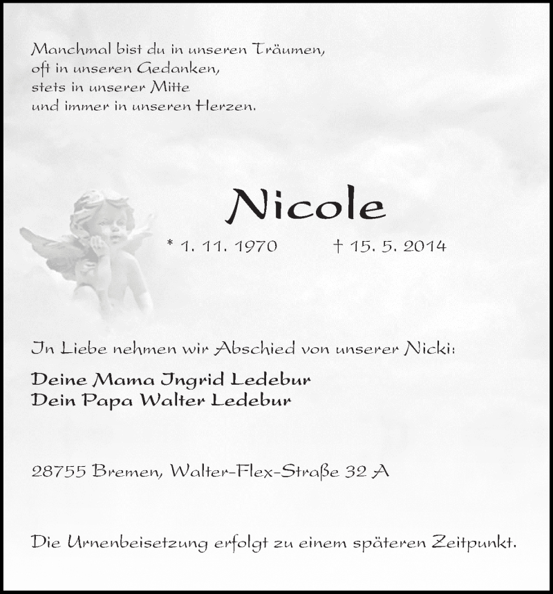  Traueranzeige für Nicole Fehlert vom 17.05.2014 aus Die Norddeutsche