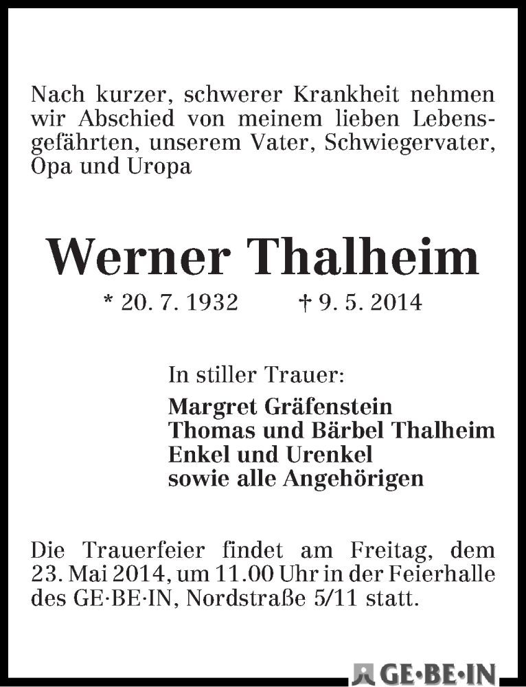 Traueranzeige von Werner Thalheim von WESER-KURIER