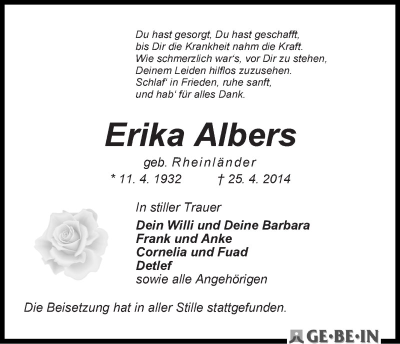 Traueranzeige von Erika Albers von WESER-KURIER