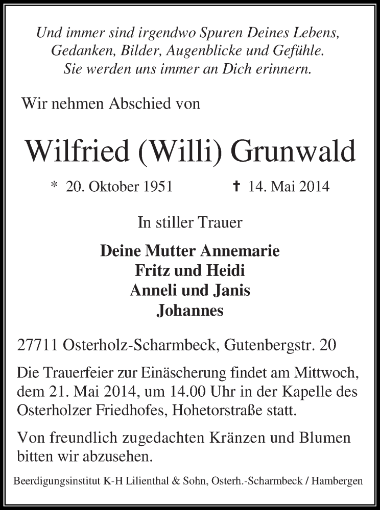 Traueranzeige von Wilfried (Willi) Grunwald von Osterholzer Kreisblatt