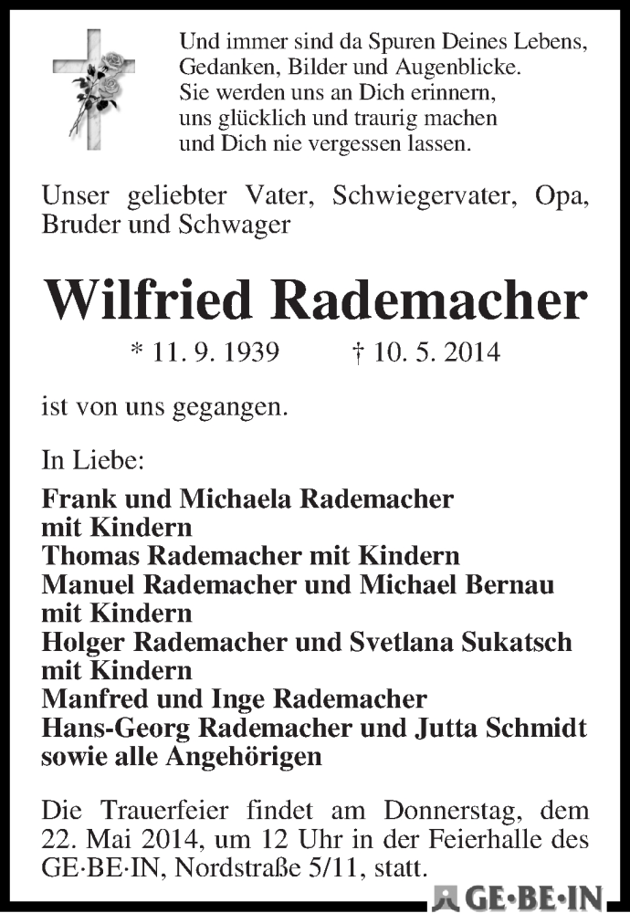 Traueranzeige von Wilfried Rademacher von WESER-KURIER
