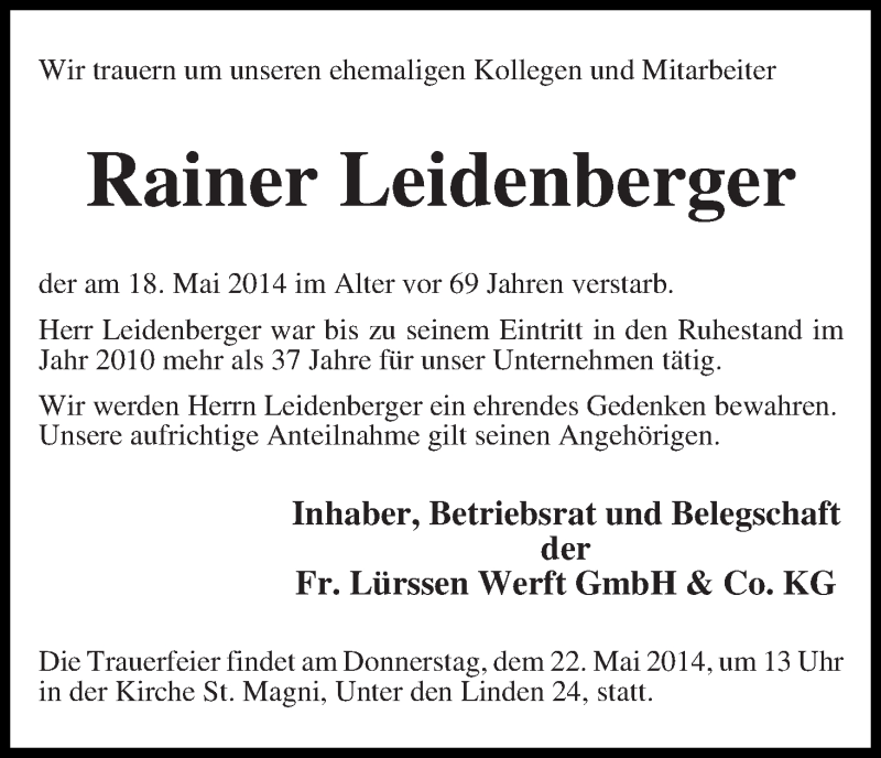 Traueranzeige von Rainer Leidenberger von Die Norddeutsche