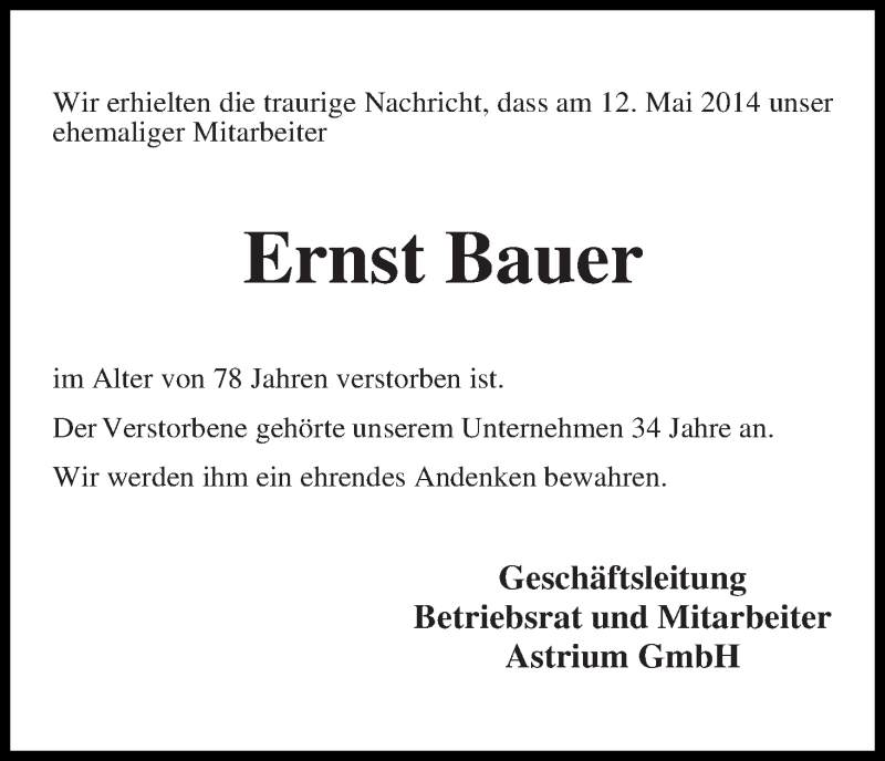  Traueranzeige für Ernst Bauer vom 20.05.2014 aus WESER-KURIER